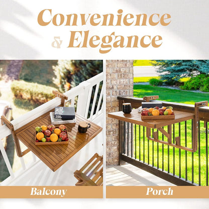 Idzo FSC Acacia Wood Folding Balcony Bar Table for Railings, Adjustable Height & Width, Teak Brush Finish Durable Against Weather, Ideal Spacious Dimension of 27 9/16 x 21 5/8 Inch, Rectangular Design