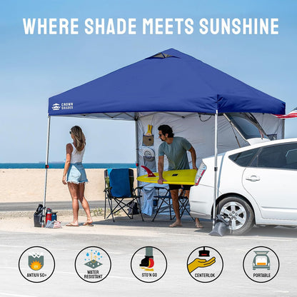 CROWN SHADES Canopy Tent, 10 x 10 Foot Portable Pop Up Outdoor Shelter with Pocket Sidewall, Push Center Lock, UV Protection, and Carry Bag, Navy Blue