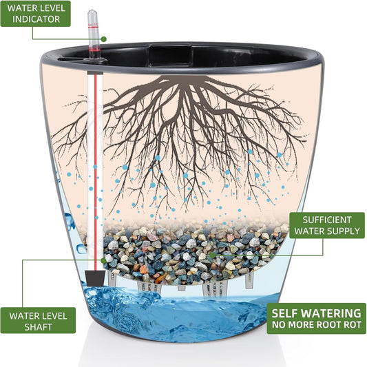 Dexceder 13x12 Self Watering Planter with Wheels Indoor Outdoor, Inner Pot Design, Thickened Large Floor Standing Flower Plant Pot with Water Level Indicator (Slate Gray Matte)