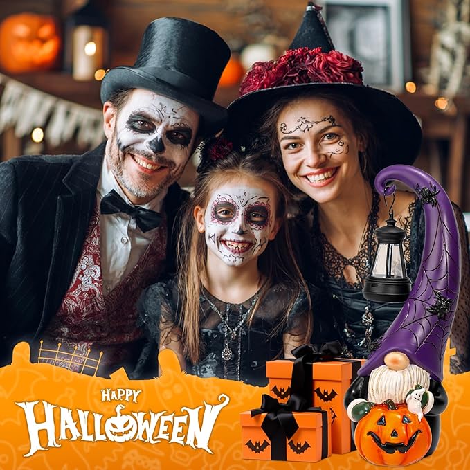 Halloween Decorations Garden Gnomes Statue Holding Pumpkins Decor Funny Gnome Figurines with Solar Light Halloween Party Decorations for Garden Porch Yard Lawn