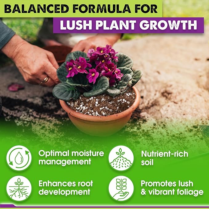 DUSPRO Recycle Premium 4-in-1 African Violet Potting Soil African Violet Soil Blend with Perlite, Coco Peat, Pumice, Pine Bark for Optimal Moisture Retention & Drainage 1QT