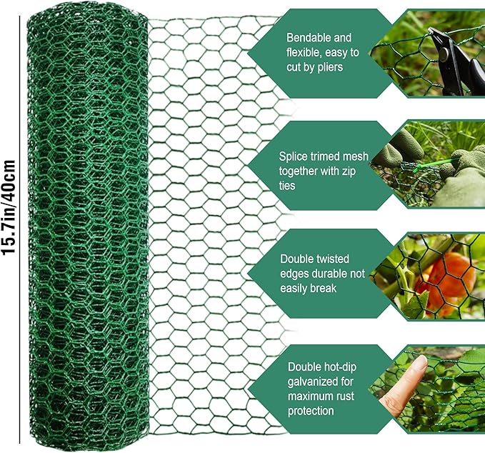 16.4Ft x16In Chicken Wire for Floral Arrangements - Free-Cut Green Metal Mesh with Hexagonal Galvanized PVC Coated Netting Guard Fence for Poultry, Garden, Plant
