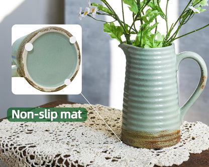 Quoowiit Ceramic Rustic Vase with Handle, Green Distressed Decorative Farmhouse Pitcher Vase for Home Decor Living Room Bedroom Kitchen Office Shelf Decor Centerpiece Table Decoration