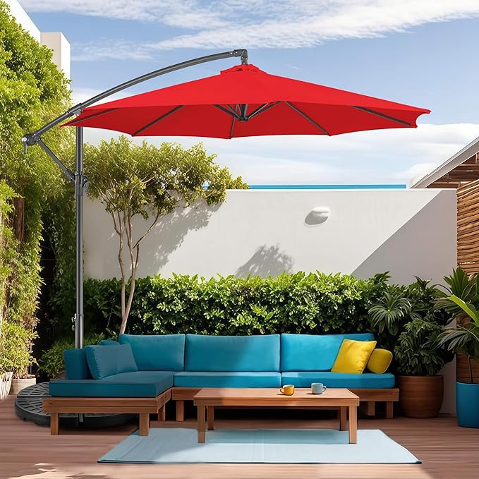 FLAME&SHADE 10ft Cantilever Patio Umbrella Outdoor, Large Offset Umbrella with Crank and Cross Base, UPF 50+ UV Protection Hanging Umbrella for Pool Deck Garden, Red