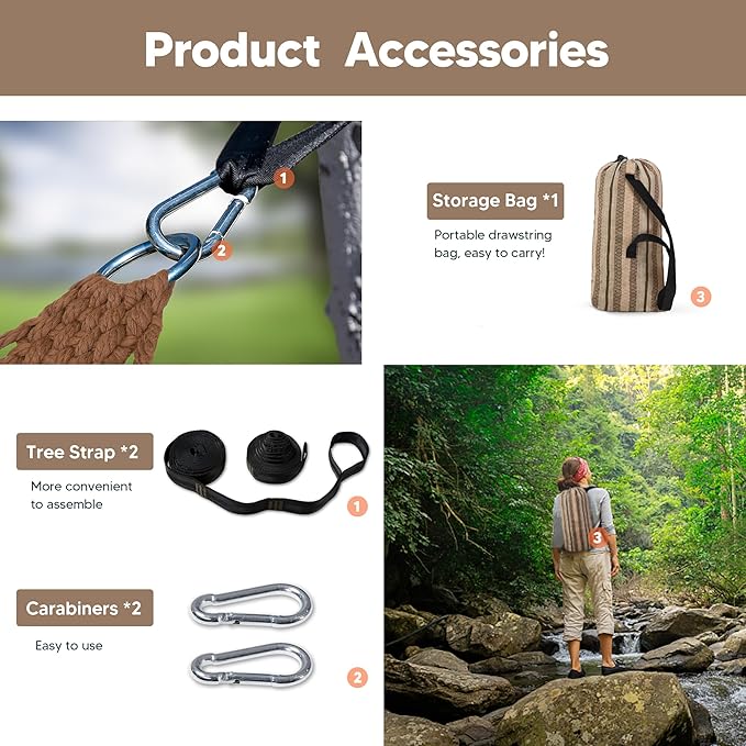 SUNCREAT Hammocks Double Hammock with Curved Spreader Bar, Outdoor Camping Portable Hammock with Carrying Bag & Tree Straps for Patio, Backyard, Balcony, Max 450lbs Capacity, Brown