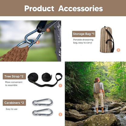 SUNCREAT Hammocks Double Hammock with Curved Spreader Bar, Outdoor Camping Portable Hammock with Carrying Bag & Tree Straps for Patio, Backyard, Balcony, Max 450lbs Capacity, Brown