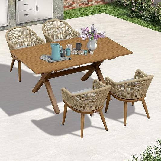 PURPLE LEAF 5 Pieces Patio Dining Set with Outdoor Aluminium Dining Table and Woven Chairs Modern Metal Furniture Cushions Sets for Garden Yard Indoor Decor Kitchen Teak