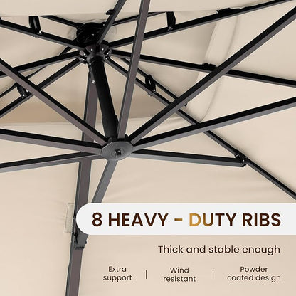 10 X 13 FT Cantilever Patio Umbrella with Base Included Outdoor Heavy Duty Double Top Windproof Rectangle Offset Umbrellas with 360-degree Rotation for Pool Deck Backyard, Beige