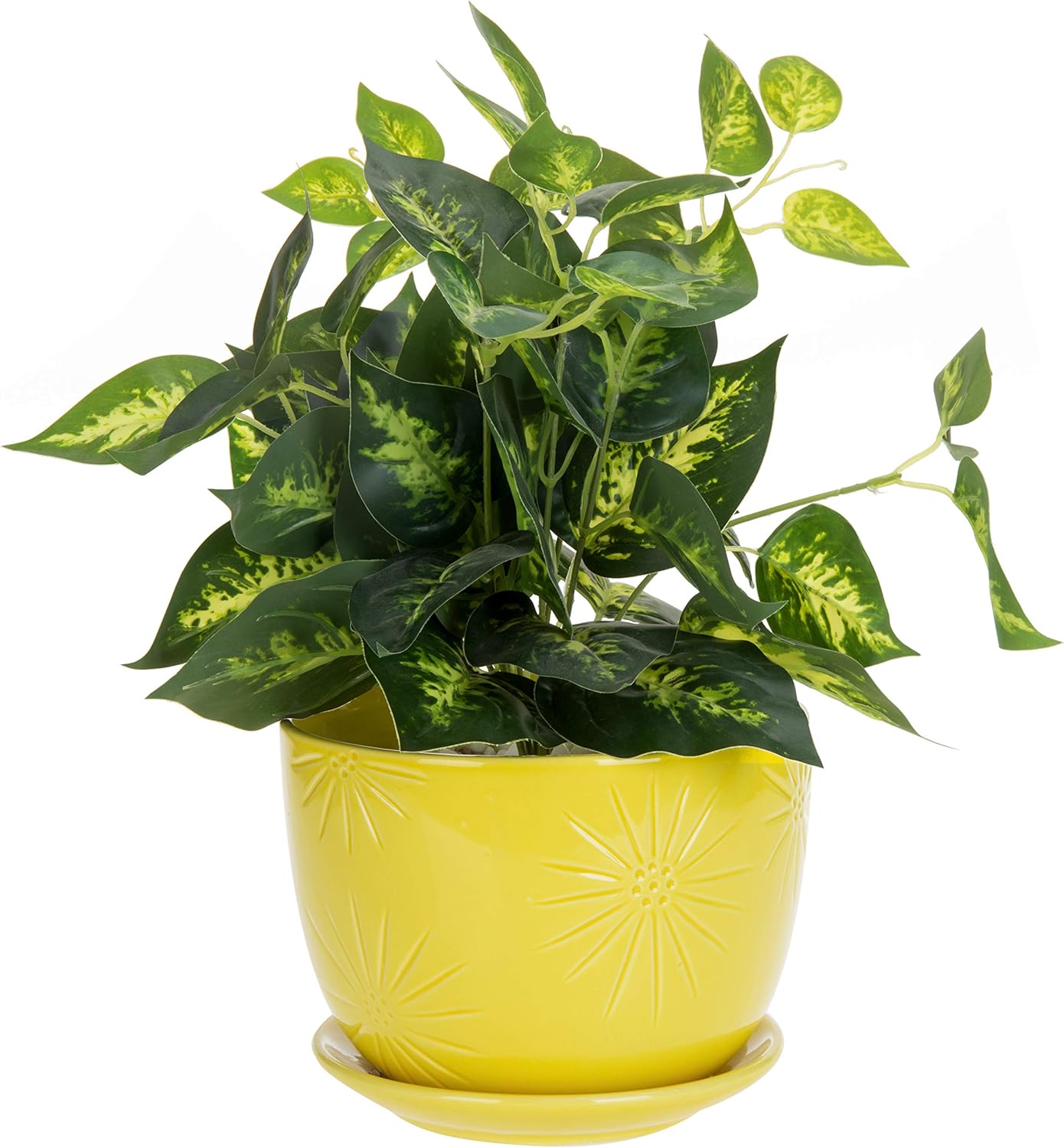 MyGift 7 Inch Round Yellow Ceramic Plant Pot with Drainage Hole and Attached Saucer, Modern Decorative Embossed Sunburst Planter Container for Indoor Home Garden