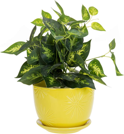 MyGift 7 Inch Round Yellow Ceramic Plant Pot with Drainage Hole and Attached Saucer, Modern Decorative Embossed Sunburst Planter Container for Indoor Home Garden