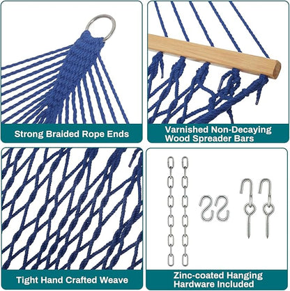 JoyView Traditional Rope Double Hammock - Hand Woven Cotton Hammock with Hardwood Spreader Bar and Pillow 450lb Capacity for Outdoor Indoor Patio Yard - Blue