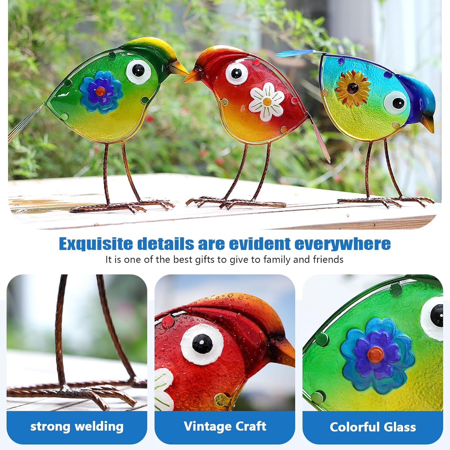 Bird Garden Decor for Outside, Glass & Metal Yard Art Decorations Outdoor Decor for Patio Backyard, Gift for Women Grandma Mom（3 Pack）