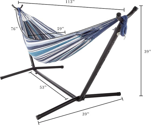 Pure Garden Double Brazilian Hammock with Stand– Woven Cotton, 2-Person, Outdoor Swing with Frame for Camping, Backyard or Patio (Blue Stripes)