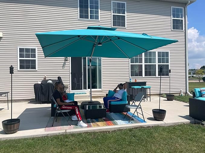 PURPLE LEAF 11 Feet Double Top Deluxe Square Outside Umbrella for Patio Offset Hanging Umbrella, Turquoise Blue