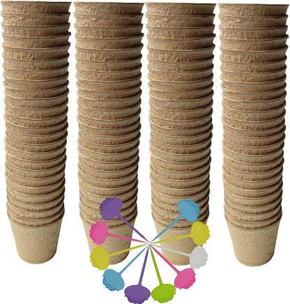 Biodegradable Peat Pots for seedlings, 100 Pack Plant Seed Starter Pots Kit, 2.36inch Succulent Planter Nursery Pots with 10 Plant Markers, Garden Germination Kits
