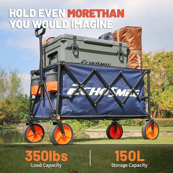 EchoSmile Collapsible Foldable Wagon Cart with 350lbs Weight Capacity, Heavy Duty Folding Utility Sport Wagon with Removeble Wheels for Camping,Grocery,Garden,Beach,Blue&Orange