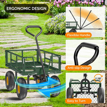 VINGLI Heavy Duty 880 LBS Mesh Steel Garden Cart, Detachable Utility Wheelbarrow, Yard and Garden Wagon Cart with Removable Sides and 10 Inch Wheels (Green)