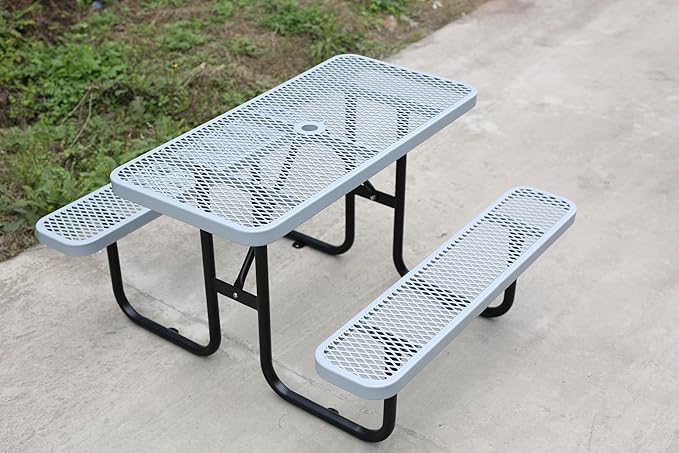 48'' Rectangular Steel Picnic Table for Outdoors,Commercial Metal Picnic Table Bench Set with Umbrella Hole,School Canteen Table W/Seats - Heavy Duty Sturdy Picnic Tables for Patio Garden