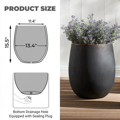 15.5" H Outdoor Concrete Planter, Round Flower Pot with Drainage Hole and Silicone Plug, Plant Container for Garden, Patio, Home, Office, Black, Copper Rim, 1 Pack
