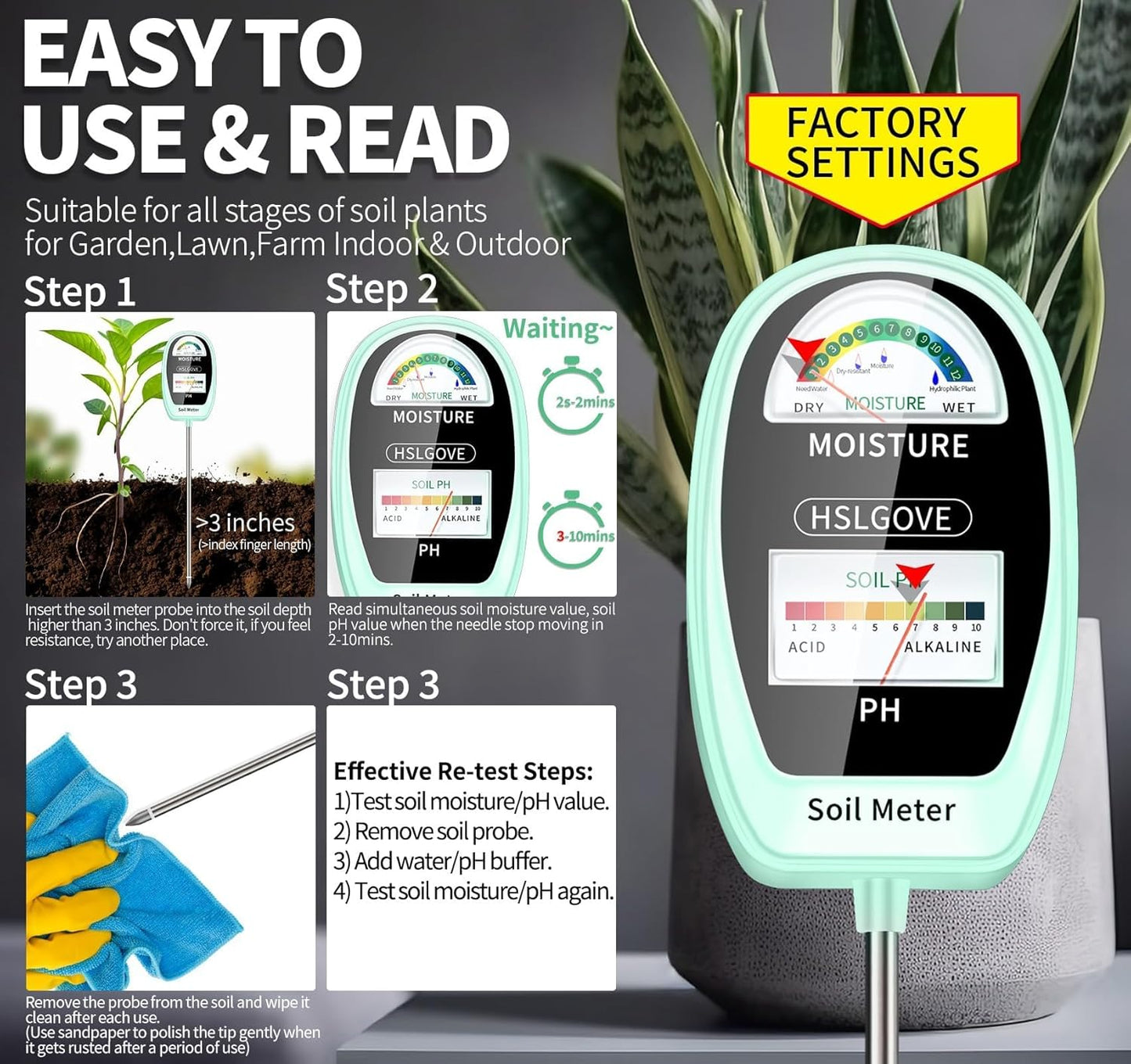 HSLGOVE Soil Test Kit, 2-in-1 Soil Moisture Meter/Soil PH Meter, Dual Screen Soil Tester, Soil Moisture Meter for Plants Watering/Gardening for Lawn,Farm Indoor&Outdoor Use-Greennew