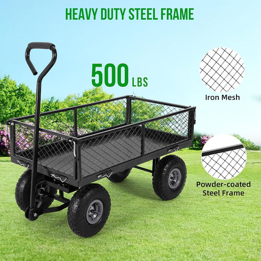 Heavy Duty Steel Garden Cart Folding Utility Wagon with Removable Cart Liner, 500 Lbs Capacity
