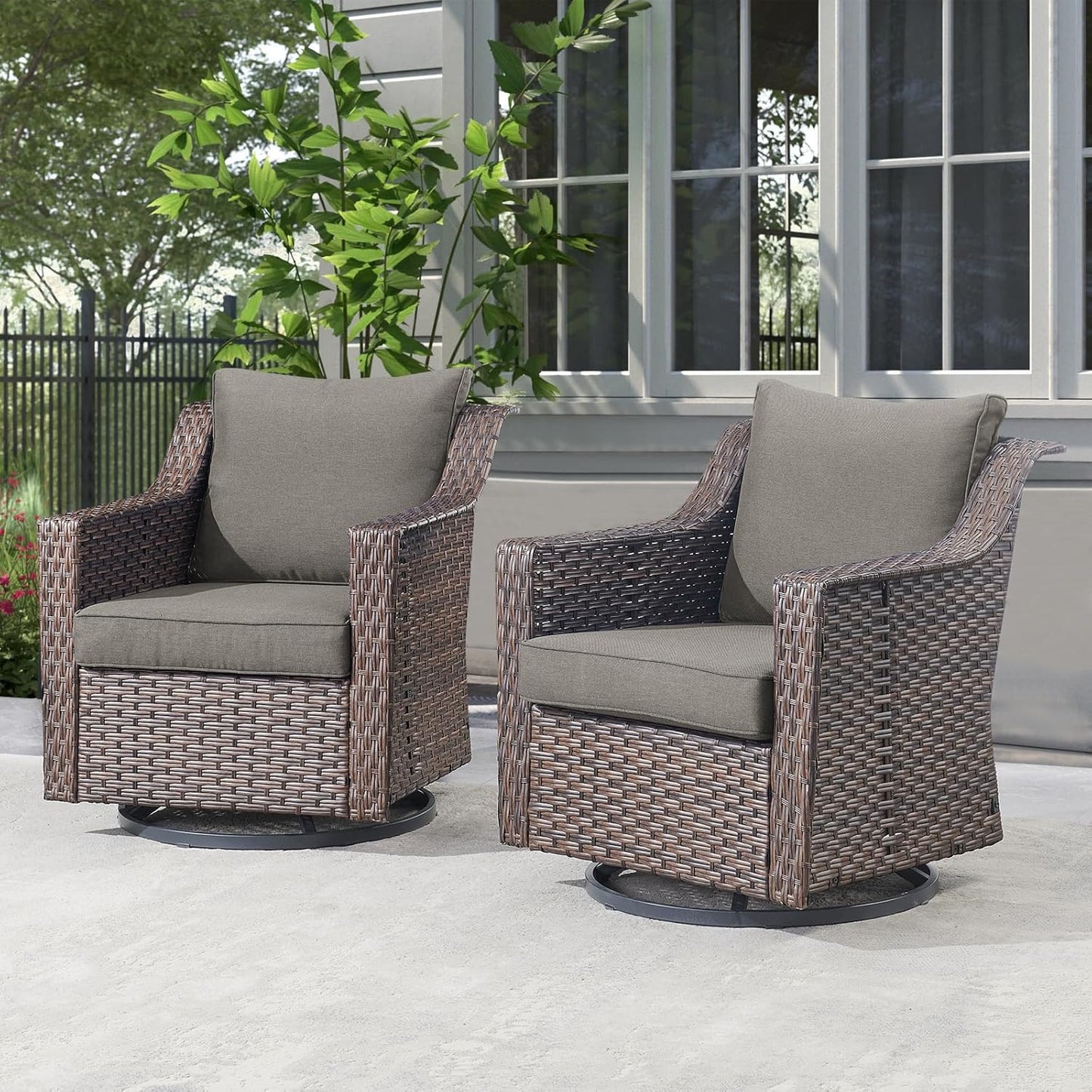 Outdoor Patio Wicker Swivel Chairs - Set of 2 Outside Resin Rattan Rocker Glider Gliding Chair Rocking Armchairs for Front Porch Balcony Backyard Yard Deck Poolside Apartment – Brown/Grey