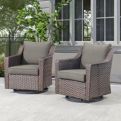 Outdoor Patio Wicker Swivel Chairs - Set of 2 Outside Resin Rattan Rocker Glider Gliding Chair Rocking Armchairs for Front Porch Balcony Backyard Yard Deck Poolside Apartment – Brown/Grey