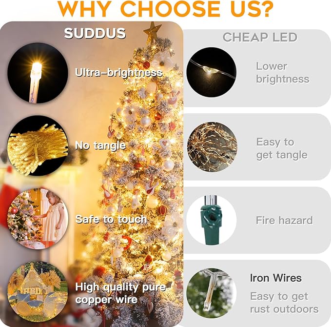 suddus 100 Led Connectable Christmas String Lights Outdoor with Timer, 33ft Fairy Lights Plug in Waterproof Indoor, Twinkle Lights with Remote for Xmas Tree, Bedroom, Party, Patio, Garden – Warm White