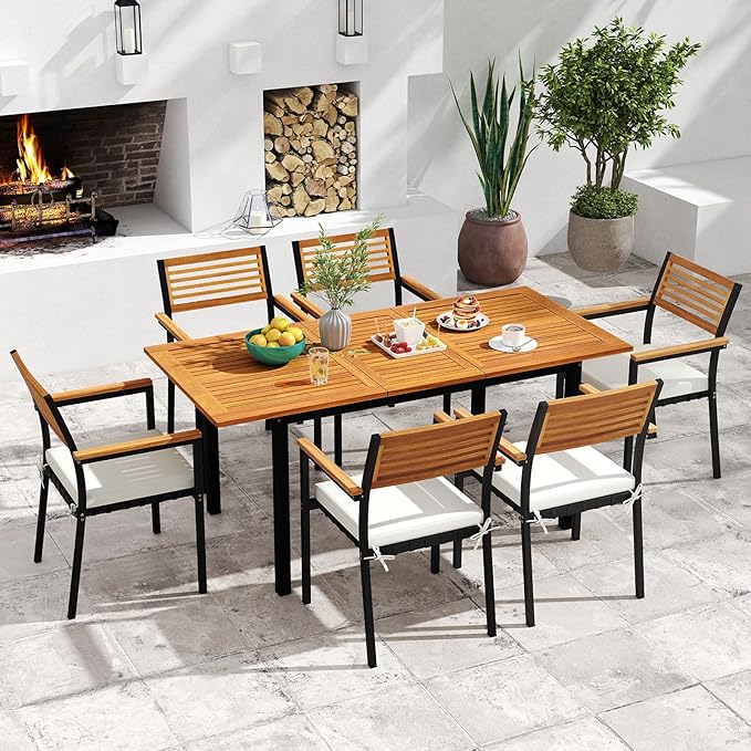 Tangkula 7-Piece Patio Dining Set, Outdoor Acacia Wood Cushioned Chairs and 51”-64” Expandable Rectangular Table Set, with Umbrella Hole, 6 Stackable Armchairs, for Poolside Garden (Off White)
