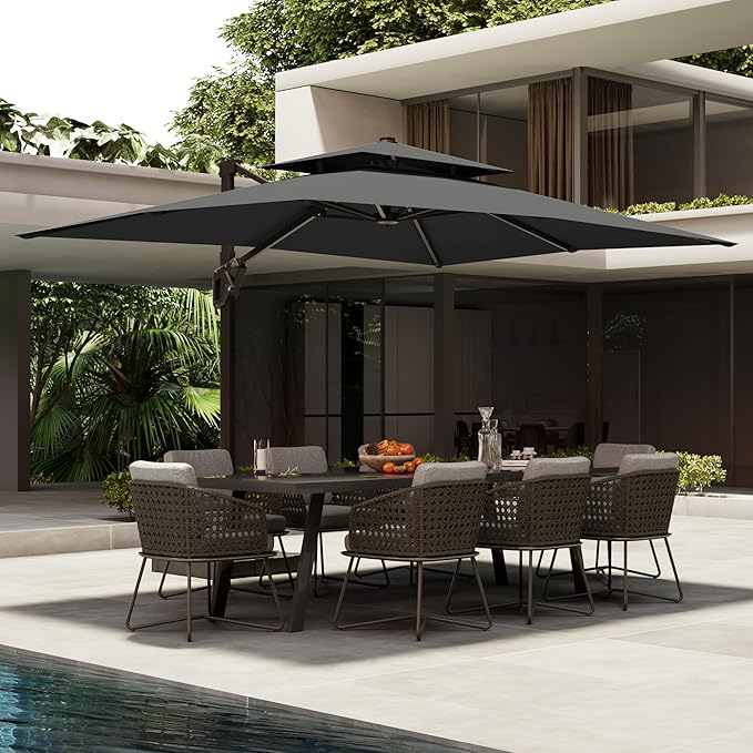 10' X 13' Patio Umbrella with Base Included Outdoor Large Rectangle Offset Cantilever Umbrellas Double Top Heavy Duty Windproof with 360-degree Rotation for Pool Garden Deck