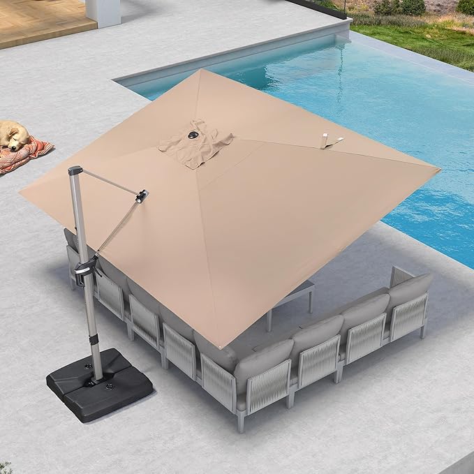 PURPLE LEAF 10' X 13' Patio Umbrella, Rectangle Outdoor Cantilever Umbrella, Aluminum Offset Umbrella with Champagne Frame and 360° Rotation for Pool Deck Garden, Taupe