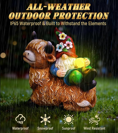 Christmas Garden Gnomes Statues Sitting On Highland Cow, Hold Solar Cup, Outdoor Decorations for Patio,Yard, Highland Cow Christmas Decorations