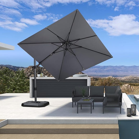 PURPLE LEAF 8.8' X 8.8' Left-right Tilt Patio Umbrella Outdoor Cantilever Swivel Square Umbrella with Tilt Aluminum Offset Umbrella with 360-degree Rotation for Garden Deck Pool Patio Light Grey