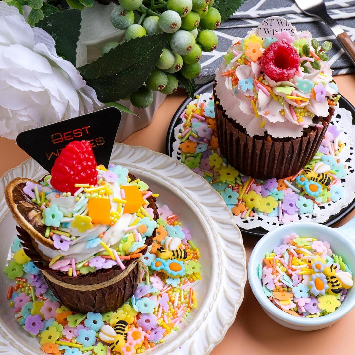 Flower Sprinkles for Cake Decorating, Edible flower and Bee Sugar Mix, Perfect for Cake Decorations, Baking, Ice Cream, Cookies, Cupcake Toppers