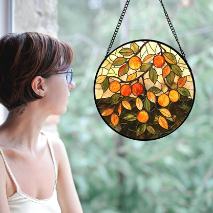 Stained Glass Suncatcher, Orange Green Fruit Tree Sun Catcher Landscape Stain Glass Window Hanging Decoration Mother's Day Birthday Gifts for Women Men Mom Nana 15 in