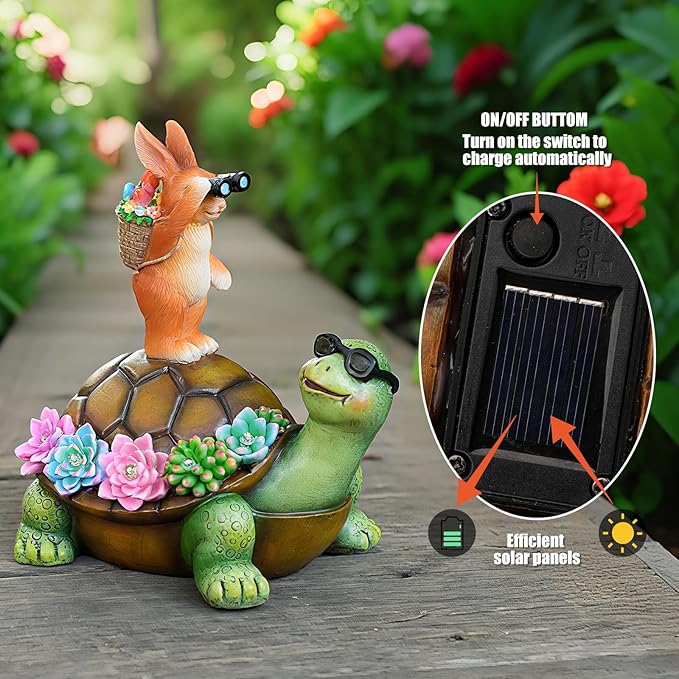 Solar Turtle Garden Statue with Bunny and LED Succulent Flowers – Outdoor Lawn Decor with Lights, Cute Animal Yard Ornament for Patio, Pathway, or Garden Gift (Turtle)