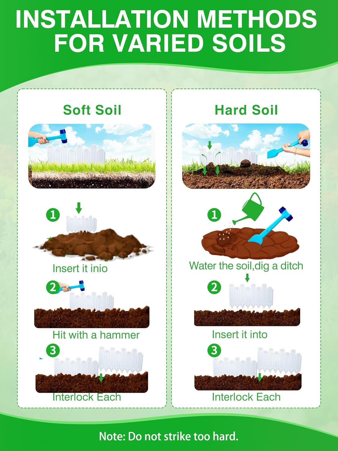 20PCS White Garden Edging Borders, 9.76" H Plastic Fences Edging with Hammmer Shovel Gloves, 13.6Ft Decorative Interlocking Landscape Edging, Flexible Flower Bed Border for Patio