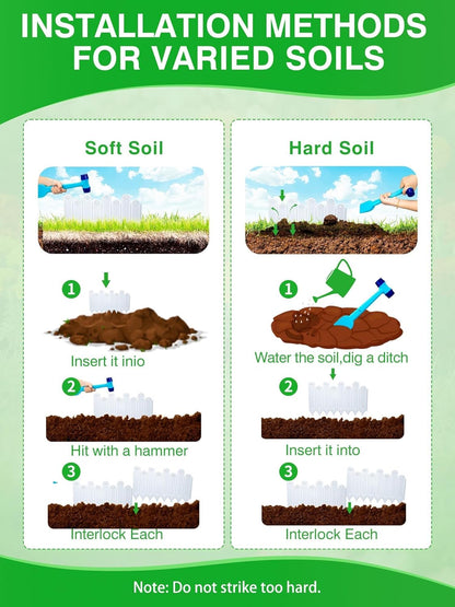 20PCS White Garden Edging Borders, 9.76" H Plastic Fences Edging with Hammmer Shovel Gloves, 13.6Ft Decorative Interlocking Landscape Edging, Flexible Flower Bed Border for Patio