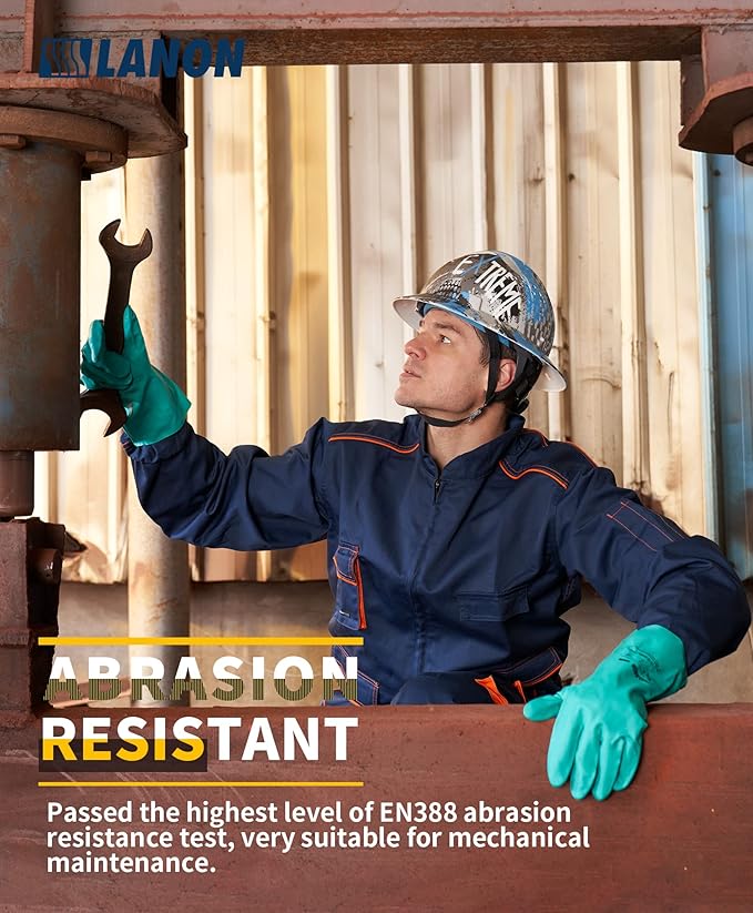 LANON 3 Pairs Nitrile Chemical Resistant Gloves, Reusable Heavy-Duty Rubber Gloves, Acid, Alkali & Oil Protection, Non-Slip, Large