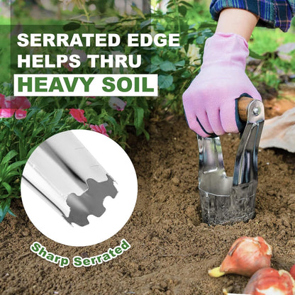 Haliaeetus Bulb Planter Tool, 4 inches Depth Mark Hand Bulb Planter, Non-Bending Stainless Steel Bulb Planter Digger, Garden Bulb Transplanter with Comfortable Wood Handle for Planting Tulip, Daffodil