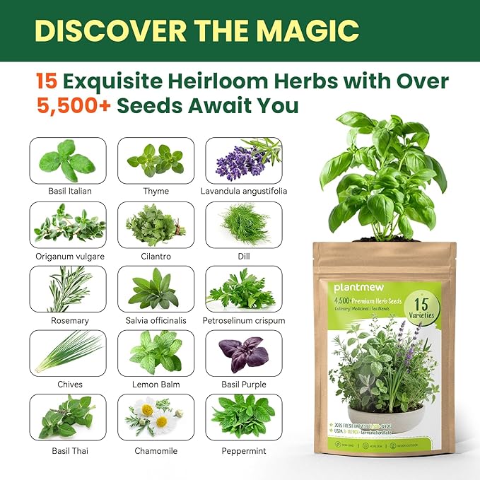 Herb Seeds 15-Pack – 4,500+ Non-GMO Heirloom Seeds for Planting – Indoor & Outdoor Herb Garden Kit with Basil, Cilantro, Rosemary, Thyme, Dill, Sage – Medicinal & Culinary Herb Seeds Variety Pack