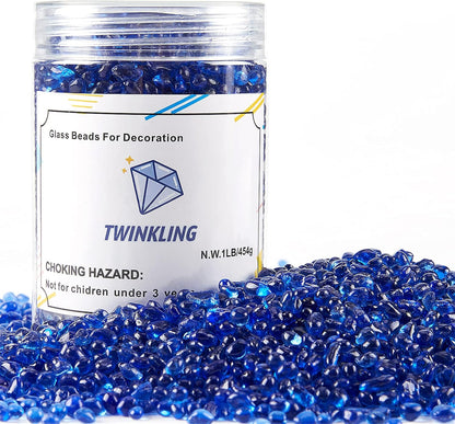 TWINKLING High Luster Round Fire Glass Stones,Glass Marbles Pebbles,Glass Beads Gems for Fire Pit Vase Fillers Crafts Aquarium Garden Decoration,3-6mm,1-Pound Jar (Cobalt Blue)