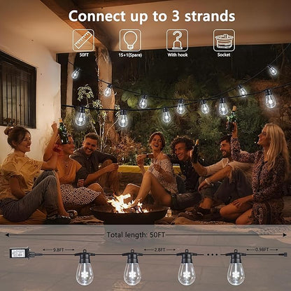 LED Christmas Lights, 50FT Patio Lights with 16Pcs Shatterproof S14 Bulb(1 Spare), 4 Lighting Mode, Connectable, Waterproof White Edison Plastic Bulb Hanging Light for Yard Gazebo Porch Décor