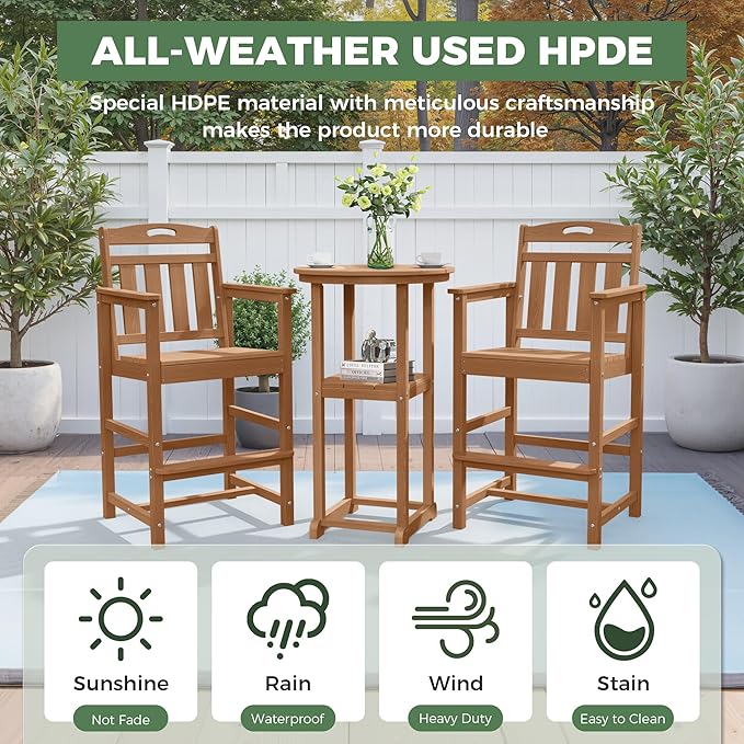 HDPE Outdoor Patio Bar Set with Bar Height Table and 2 Adirondack Chairs, All-Weather High Top Outside Round Pub Furniture for Bistro, Garden, Backyard, Deck | 3-Pieces, Teak