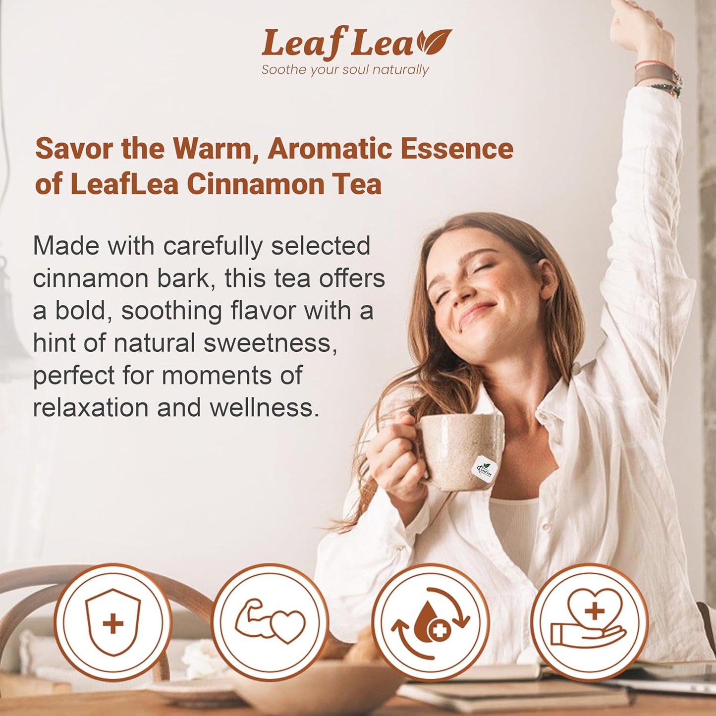 LeafLea Cinnamon Tea Bags, 80 Count (2-Pack), 100% Natural Ground Cinnamon Stick Herbal Tea, Spiced and Warming Flavor for Relaxation, Caffeine-Free, Sugar-Free, Vegan