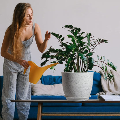 Modern Plant Pots Set, 9/8/7.5 inch Plastic Planters for Indoor Plants, Stylish Flower Pots with Drainage Holes and Saucers for House Plants and Flowers, White Speckles