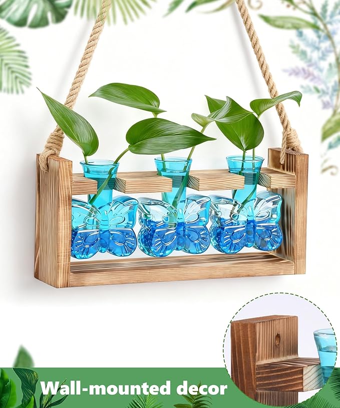 Nacome Butterfly Vase Propagation Stations: Glass Plant Terrarium with Wooden Stand for Home Office Desk Decor, Unique Gifts for Plant Lovers Women Mom (Blue)