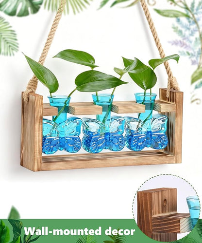 Nacome Butterfly Vase Propagation Stations: Glass Plant Terrarium with Wooden Stand for Home Office Desk Decor, Unique Gifts for Plant Lovers Women Mom (Blue)