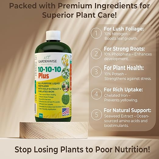 10-10-10 All Purpose Plant Food - Liquid Fertilizer with Seaweed Kelp & Iron - Indoor & Outdoor Plant Food, Vegetables, Flowers, Lawn & Garden 1x32oz
