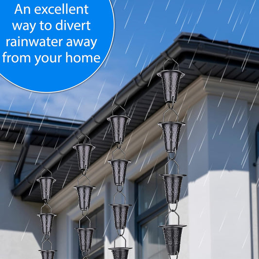Hand-Hammered Fluted Rain Chain 8.5 FT – Black Powder-Coated Aluminum - Functional and Decorative Replacement for Gutter Downspouts - Premium Rain Chains for Gutter